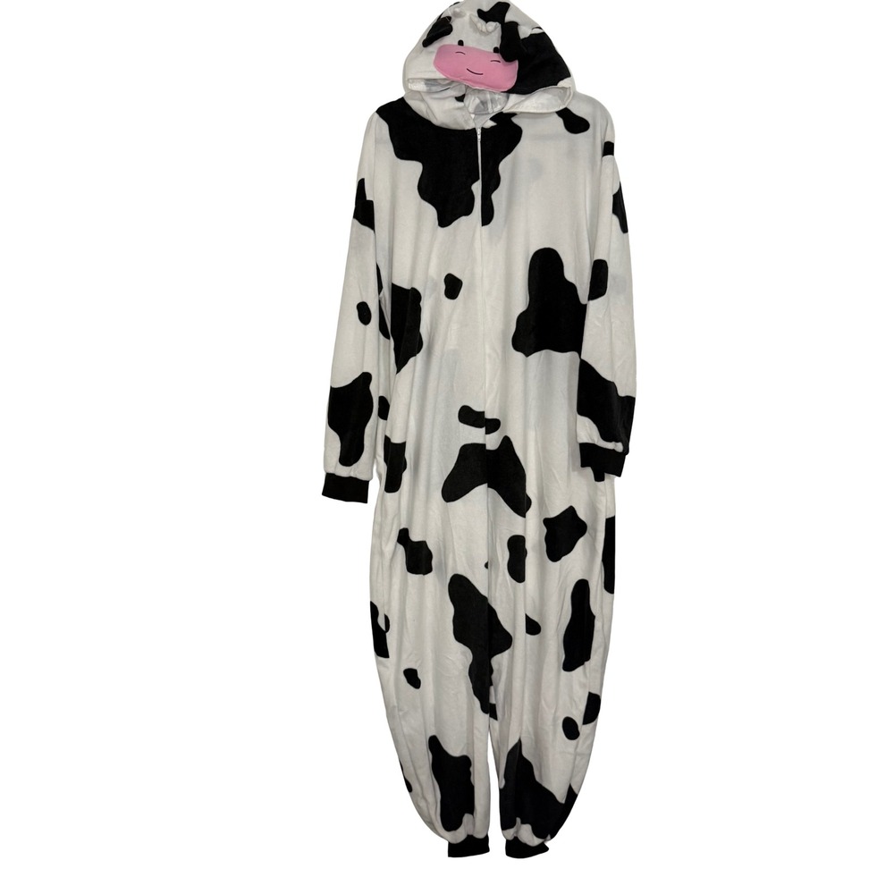 Spooktacular Creations Cow Pajama Jumpsuit Adult S Black White Excellent Hooded